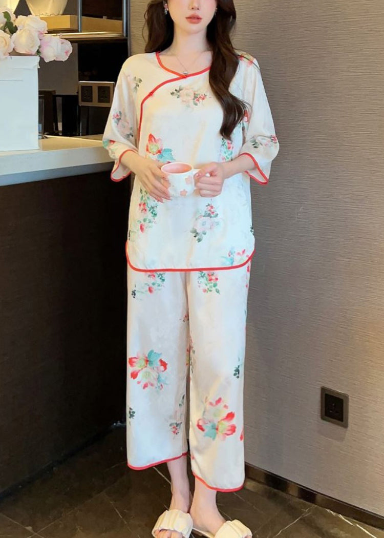 White Print Tops and Crop Pants Ice Silk Pajamas Two-piece Set Summer Yk003
