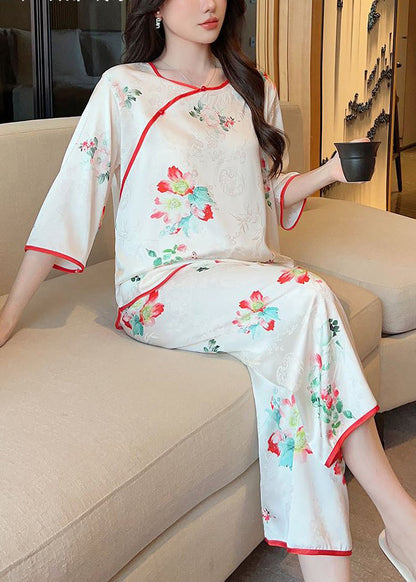 White Print Tops and Crop Pants Ice Silk Pajamas Two-piece Set Summer Yk003