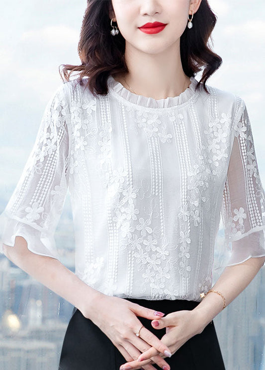 White Ruffled Embroideried Patchwork Chiffon Blouse Tops Summer Ly0434