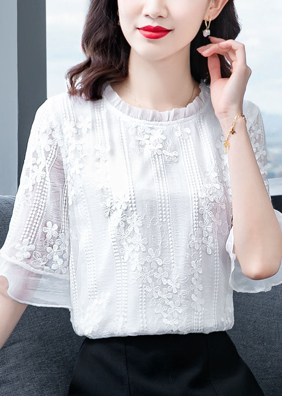 White Ruffled Embroideried Patchwork Chiffon Blouse Tops Summer Ly0434