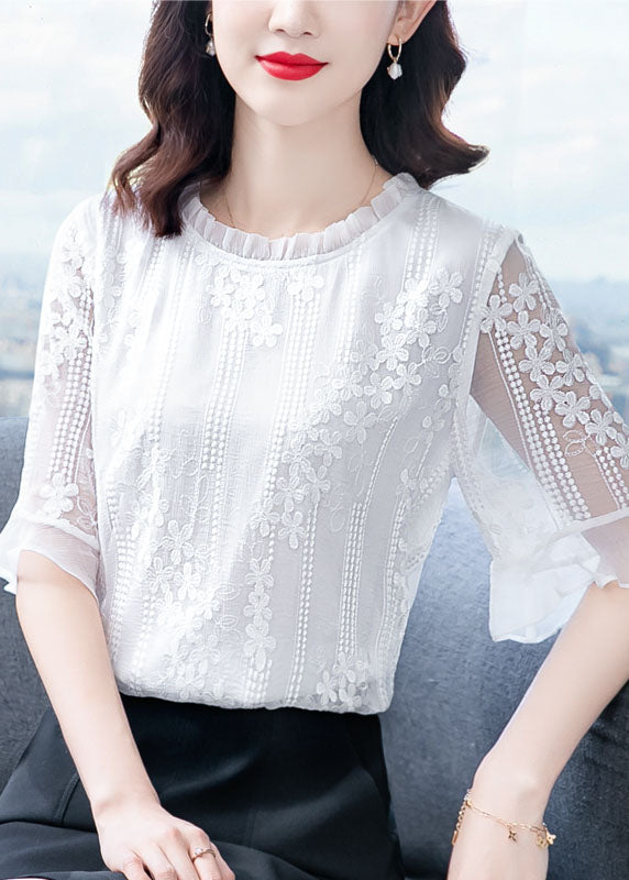 White Ruffled Embroideried Patchwork Chiffon Blouse Tops Summer Ly0434
