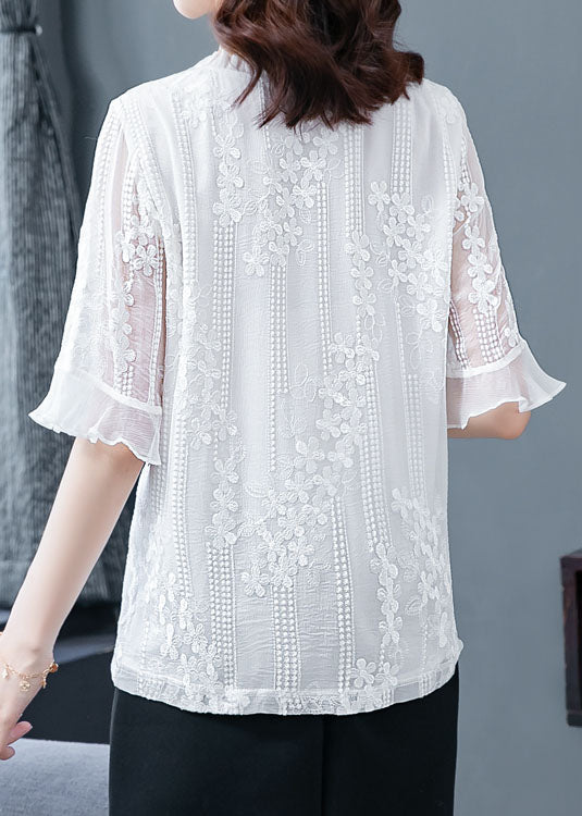 White Ruffled Embroideried Patchwork Chiffon Blouse Tops Summer Ly0434
