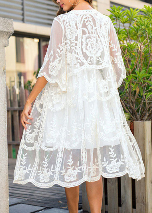 White V-neck Embroidery Tulle Swimwear Beach Cardigans Vc052
