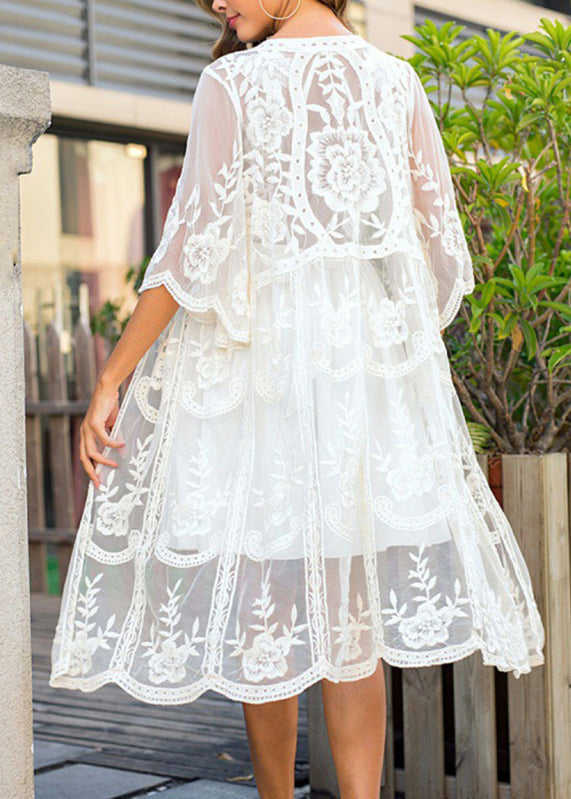 White V-neck Embroidery Tulle Swimwear Beach Cardigans Vc052