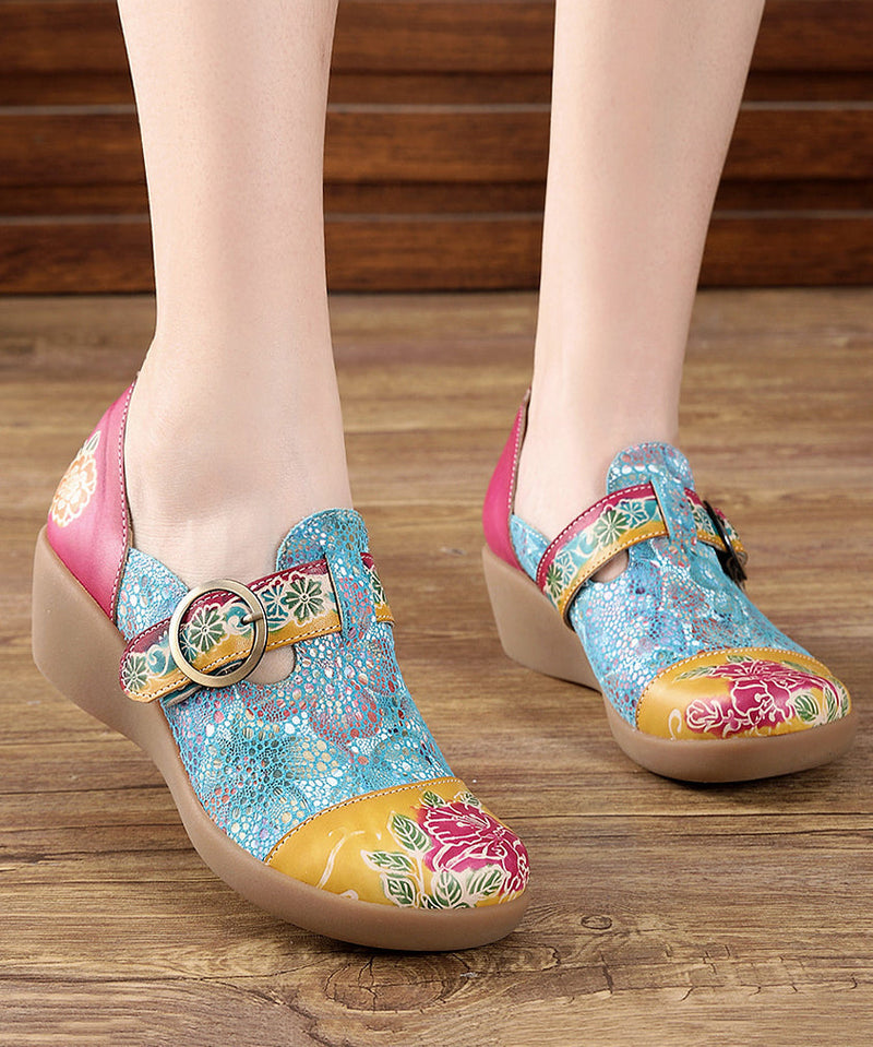 Yellow Buckle Strap Embossed Wedge High Wedge Heels Shoes Sl1009