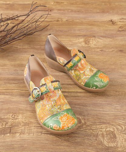 Yellow Buckle Strap Embossed Wedge High Wedge Heels Shoes Sl1009