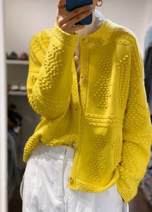 Yellow O Neck Button Knit Sweaters Coat Fall We014