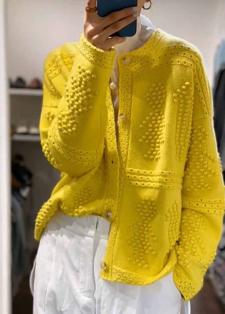 Yellow O Neck Button Knit Sweaters Coat Fall We014