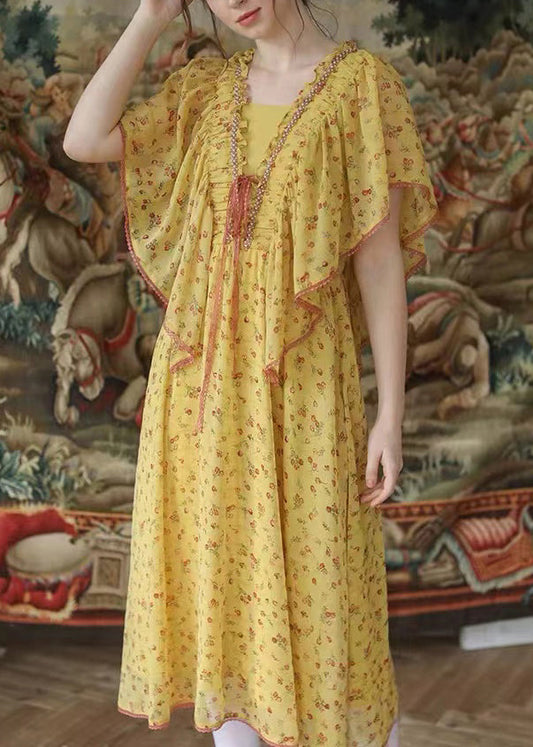 Yellow Ruffled Lace Up Nail Bead Chiffon Long Dresses Summer Qa1016