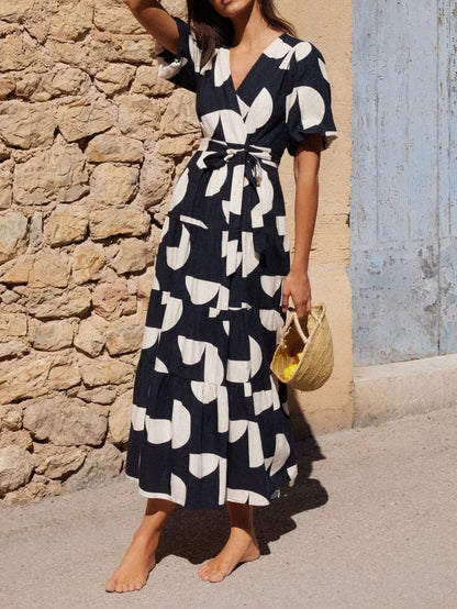 Puff Sleeve V-neck Geometric Print Maxi Dress