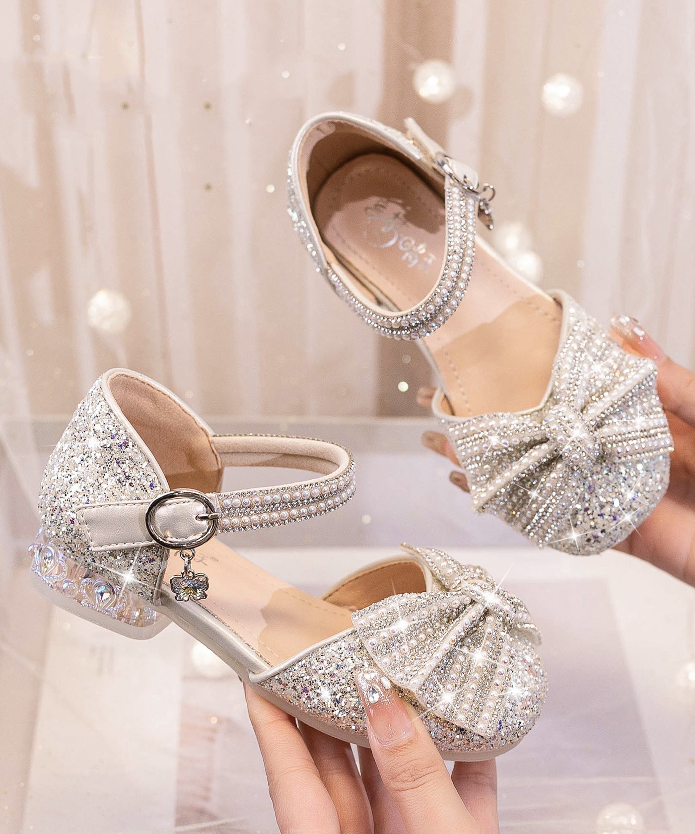 Bow Shoes Buckle Strap Beige Kids Zircon Princess