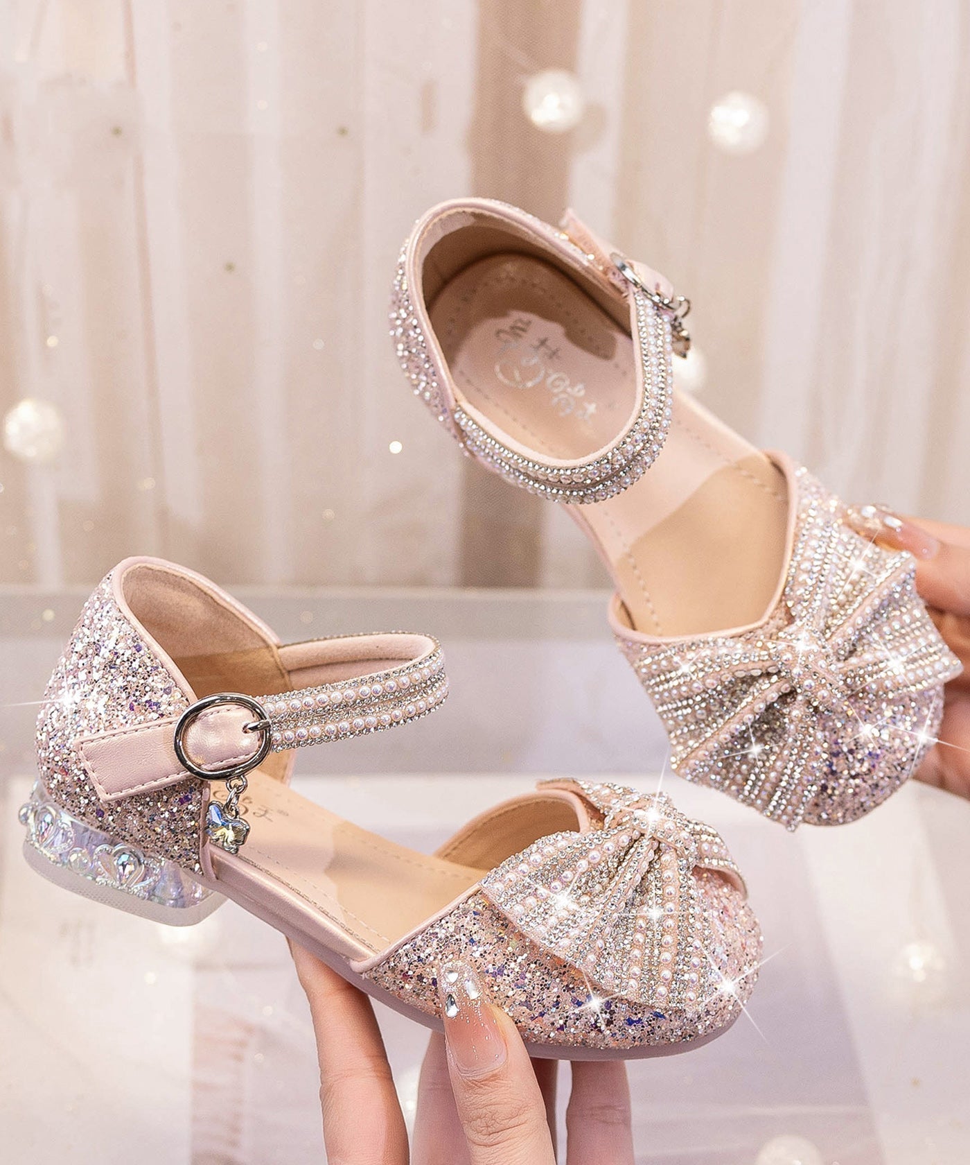 Bow Shoes Buckle Strap Beige Kids Zircon Princess