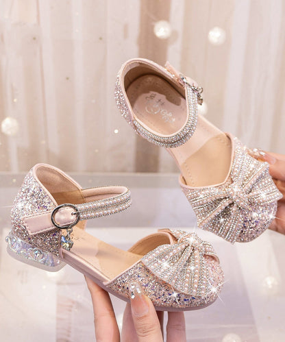 Bow Shoes Buckle Strap Beige Kids Zircon Princess