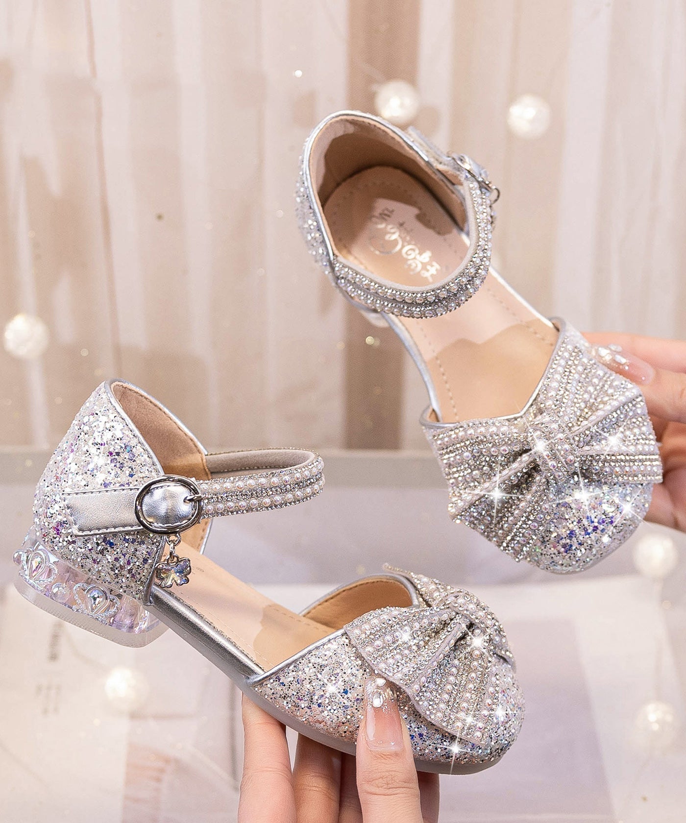 Bow Shoes Buckle Strap Beige Kids Zircon Princess