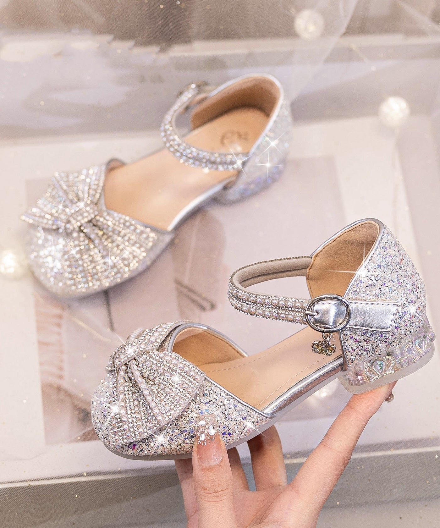 Bow Shoes Buckle Strap Beige Kids Zircon Princess