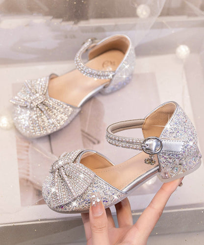 Bow Shoes Buckle Strap Beige Kids Zircon Princess