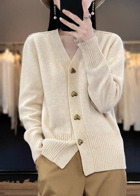 Spring Neck Coats V Beige Knit Button