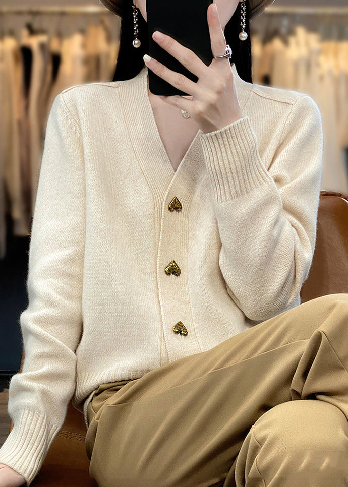 Spring Neck Coats V Beige Knit Button