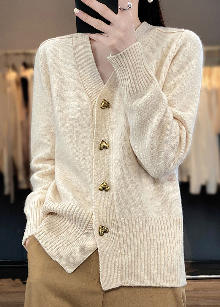 Spring Neck Coats V Beige Knit Button