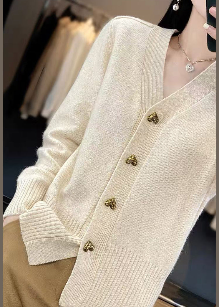 Spring Neck Coats V Beige Knit Button