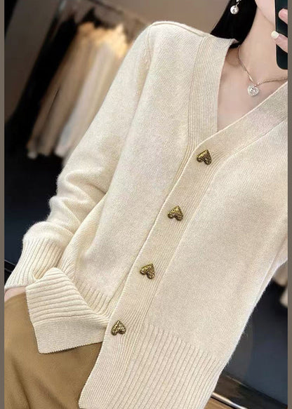 Spring Neck Coats V Beige Knit Button