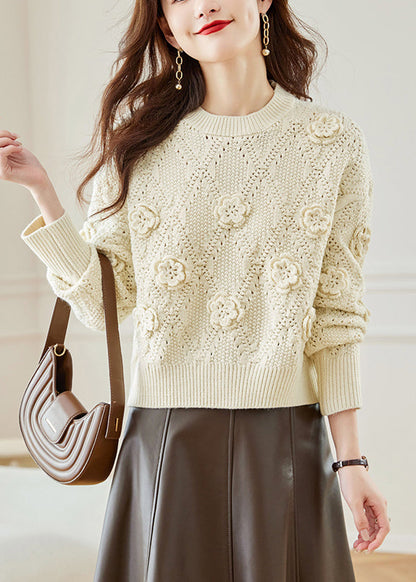 Beige Cozy Patchwork Knit Fall Sweater O Neck Qs009