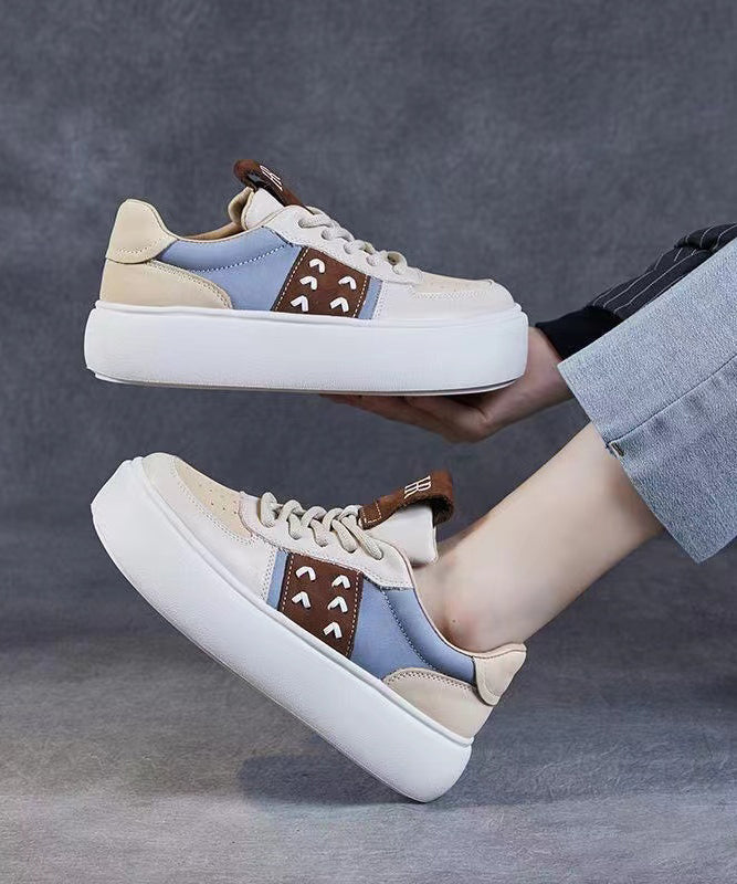Beige Flat Shoes Platform Cowhide Leather Lace Up Dd1049