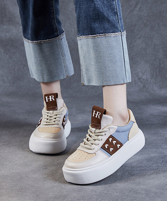 Beige Flat Shoes Platform Cowhide Leather Lace Up Dd1049