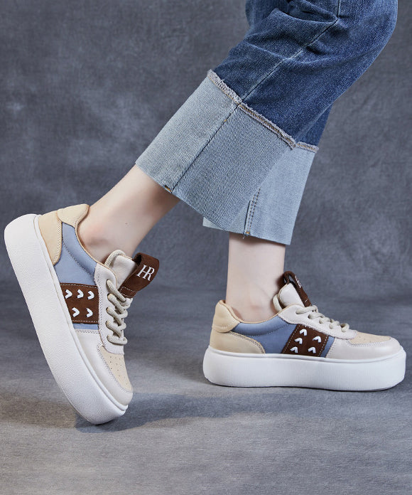 Beige Flat Shoes Platform Cowhide Leather Lace Up Dd1049