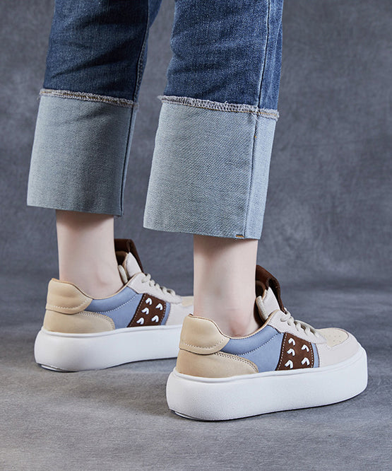 Beige Flat Shoes Platform Cowhide Leather Lace Up Dd1049