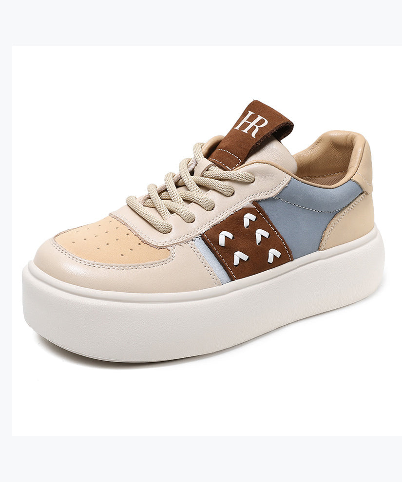 Beige Flat Shoes Platform Cowhide Leather Lace Up Dd1049
