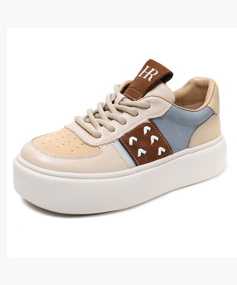 Beige Flat Shoes Platform Cowhide Leather Lace Up Dd1049