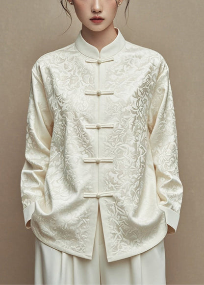 Beige Jacquard Button Silk Cotton Coats Stand Collar Fall Ag1035