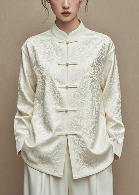 Beige Jacquard Button Silk Cotton Coats Stand Collar Fall Ag1035