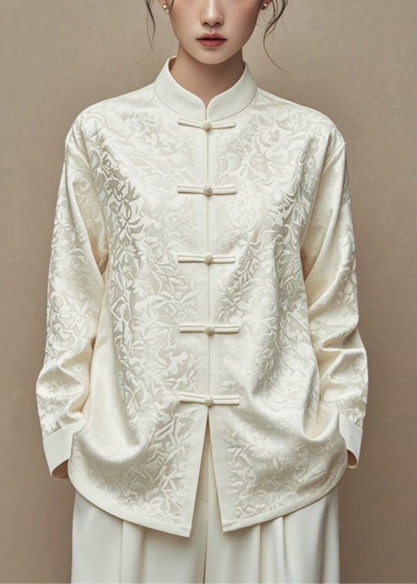 Beige Jacquard Button Silk Cotton Coats Stand Collar Fall Ag1035