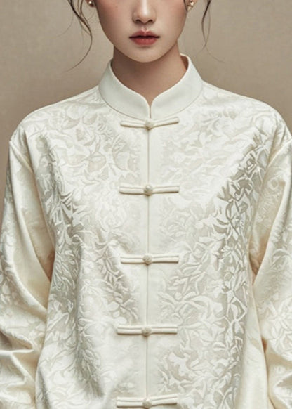 Beige Jacquard Button Silk Cotton Coats Stand Collar Fall Ag1035