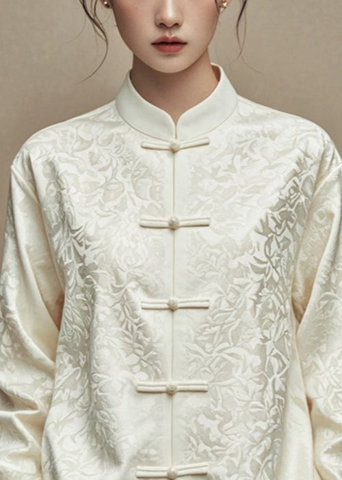 Beige Jacquard Button Silk Cotton Coats Stand Collar Fall Ag1035