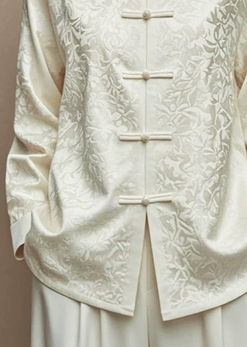 Beige Jacquard Button Silk Cotton Coats Stand Collar Fall Ag1035