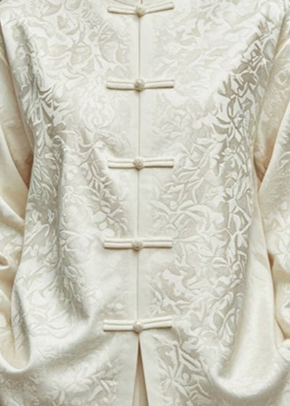 Beige Jacquard Button Silk Cotton Coats Stand Collar Fall Ag1035