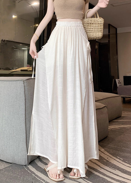 Beige Lace Up Linen Wide Leg Pants Elastic Waist Fall Wq046