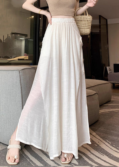 Beige Lace Up Linen Wide Leg Pants Elastic Waist Fall Wq046
