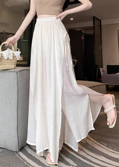 Beige Lace Up Linen Wide Leg Pants Elastic Waist Fall Wq046