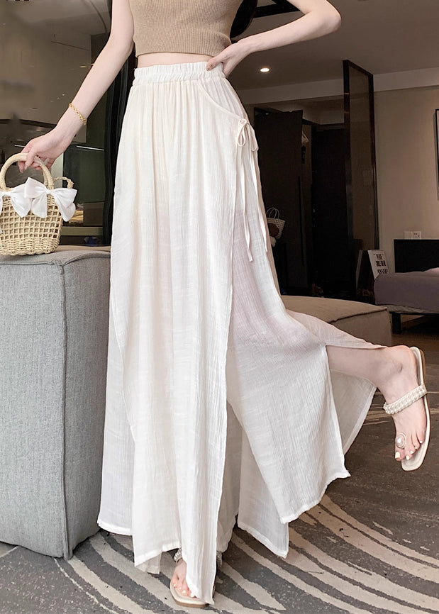Beige Lace Up Linen Wide Leg Pants Elastic Waist Fall Wq046