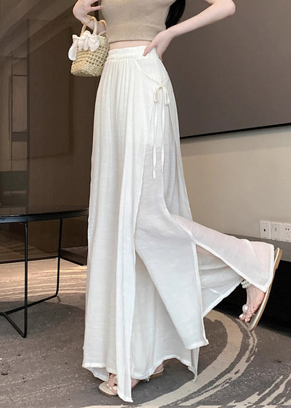 Beige Lace Up Linen Wide Leg Pants Elastic Waist Fall Wq046