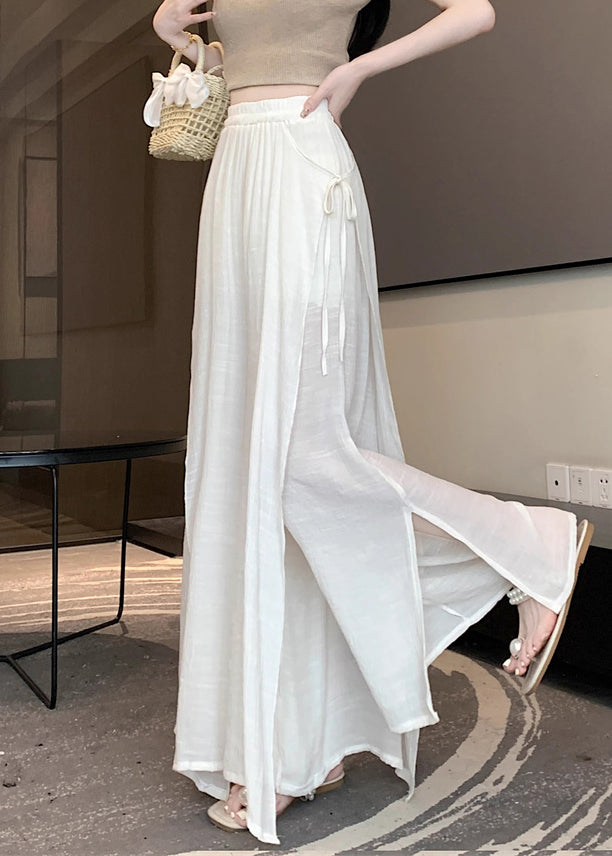 Beige Lace Up Linen Wide Leg Pants Elastic Waist Fall Wq046
