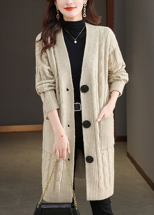 Beige Pockets Cable Wool Knit Fall Cardigans V Neck Qs014