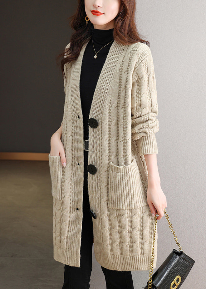 Beige Pockets Cable Wool Knit Fall Cardigans V Neck Qs014