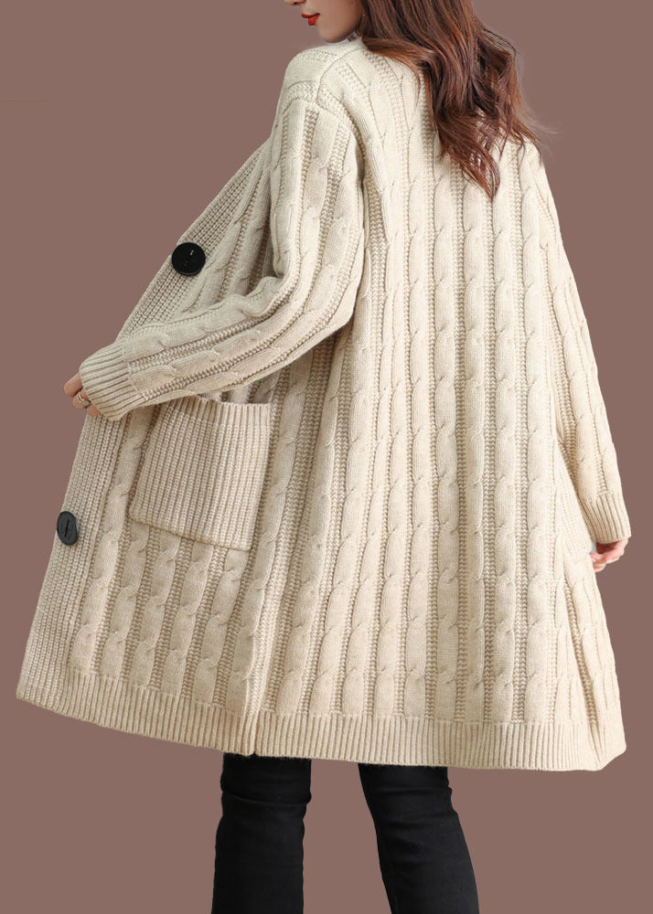 Beige Pockets Cable Wool Knit Fall Cardigans V Neck Qs014