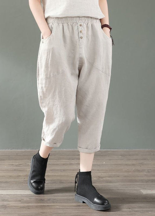 Beige Pockets Patchwork Linen Crop Pants Summer Ly0618