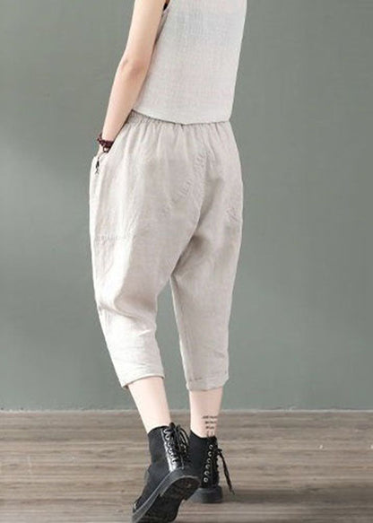 Beige Pockets Patchwork Linen Crop Pants Summer Ly0618